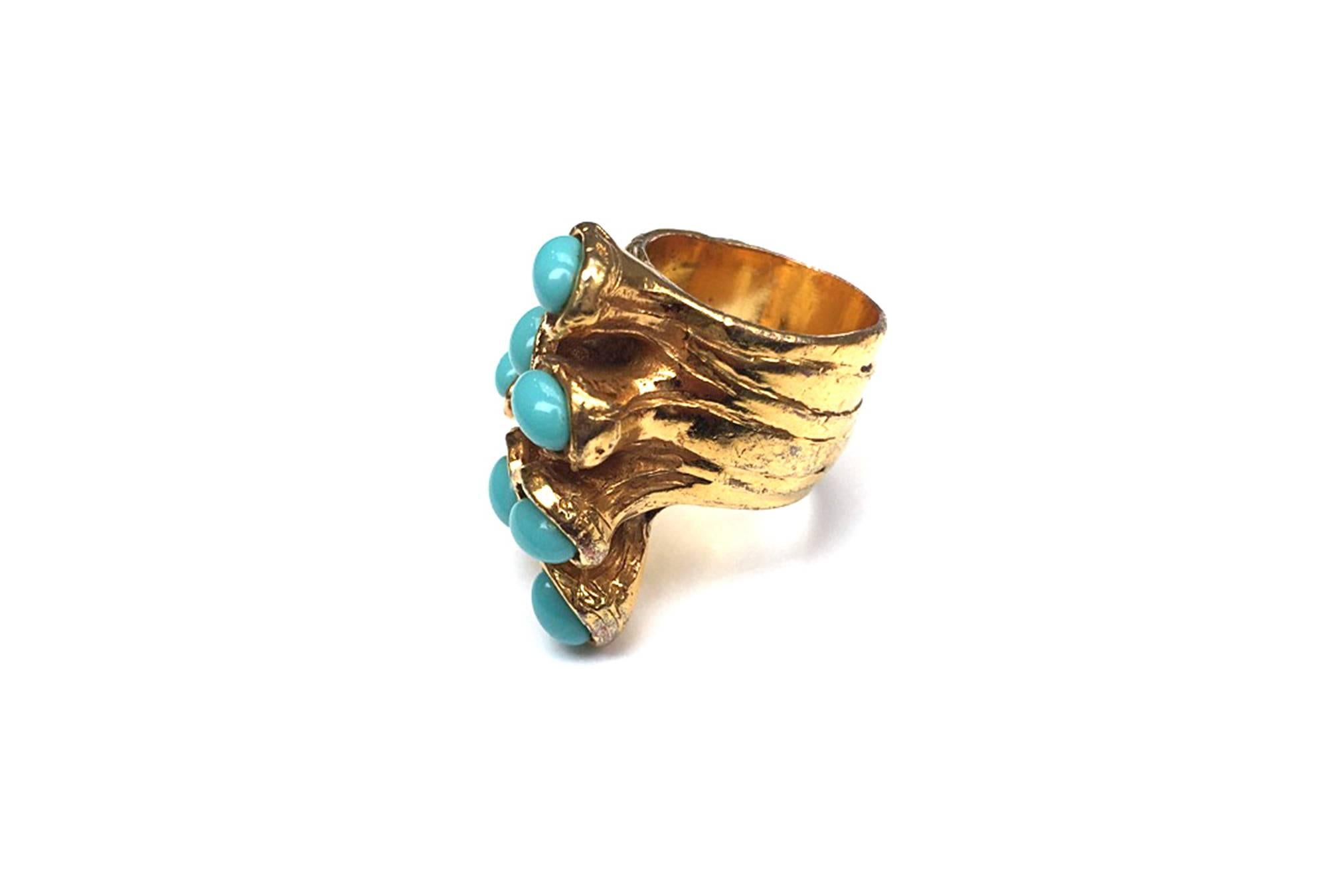 Yves Saint Laurent by Stefano Pilati gold ring w. turquoise stone, Sz 7 In Excellent Condition In Berlin, DE