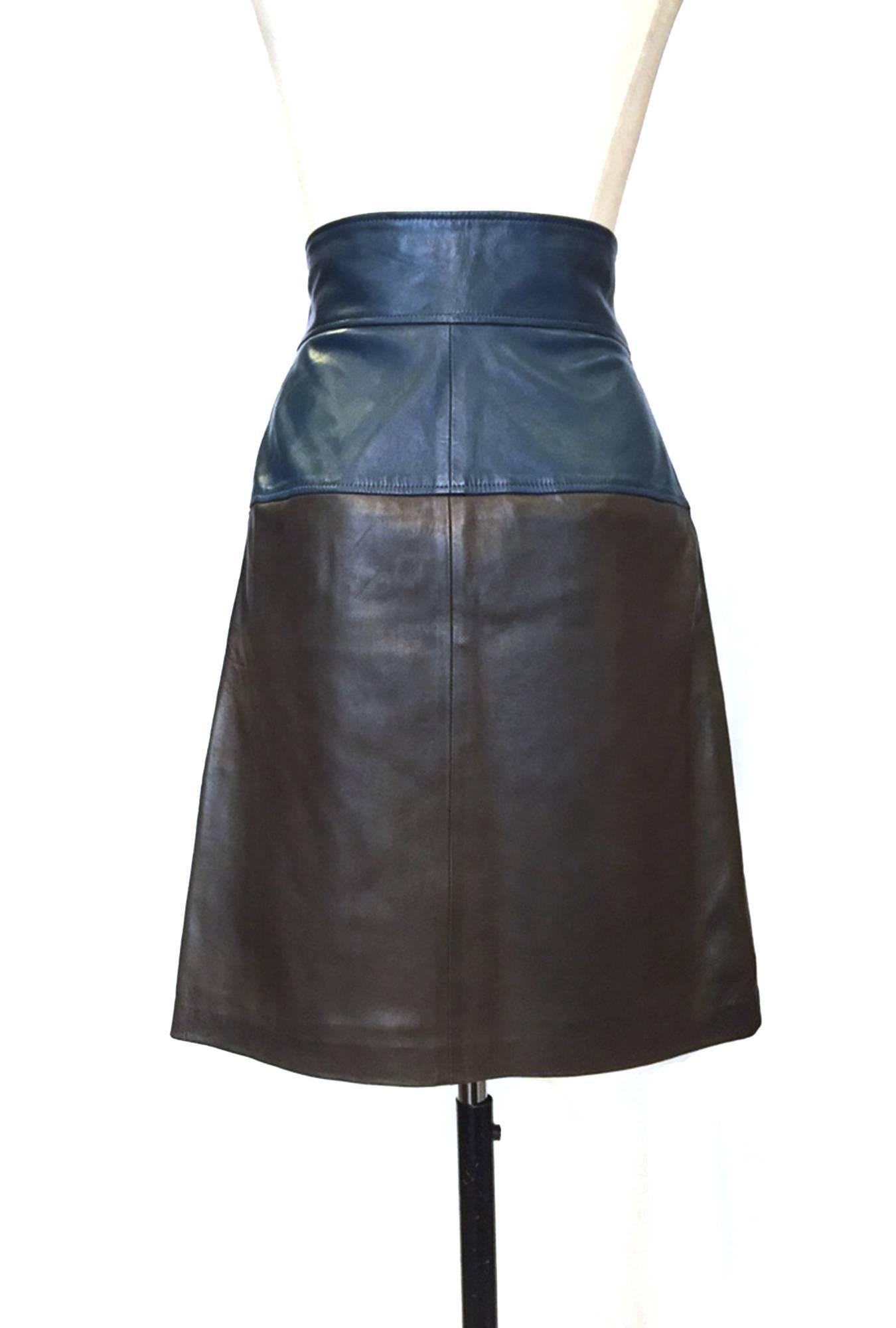Black 70's Yves Saint Laurent leather two tone skirt, Sz. S