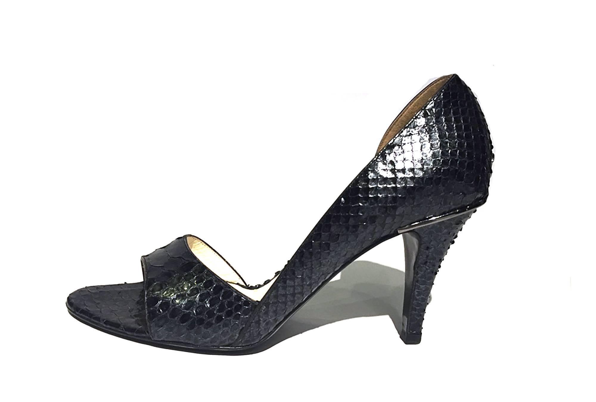 Black 90s Chanel snake leather peep toes in black, Sz 8 For Sale