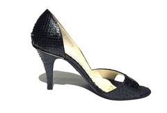 90s Chanel snake leather peep toes in black, Sz 8