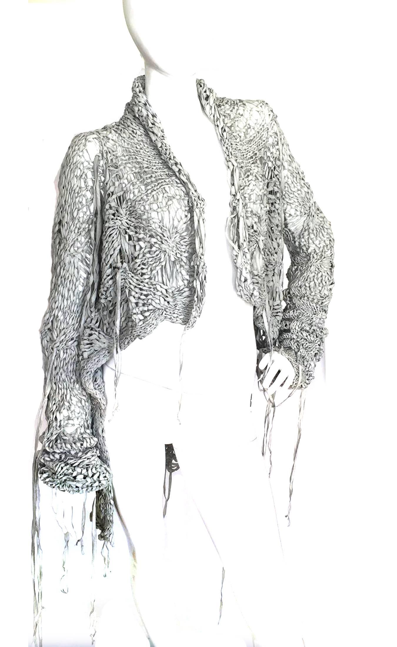 Women's Gareth Pugh Fall 2010 oversized hand knitted abstract light grey cardigan. Sz M For Sale