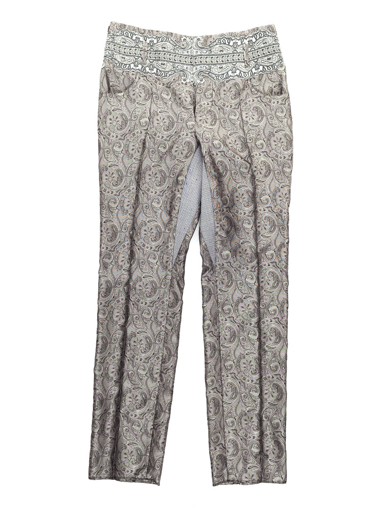 Pants have printed lace applique´ overlay, straight slim fit, paisley silk jacquard, multi inset details.