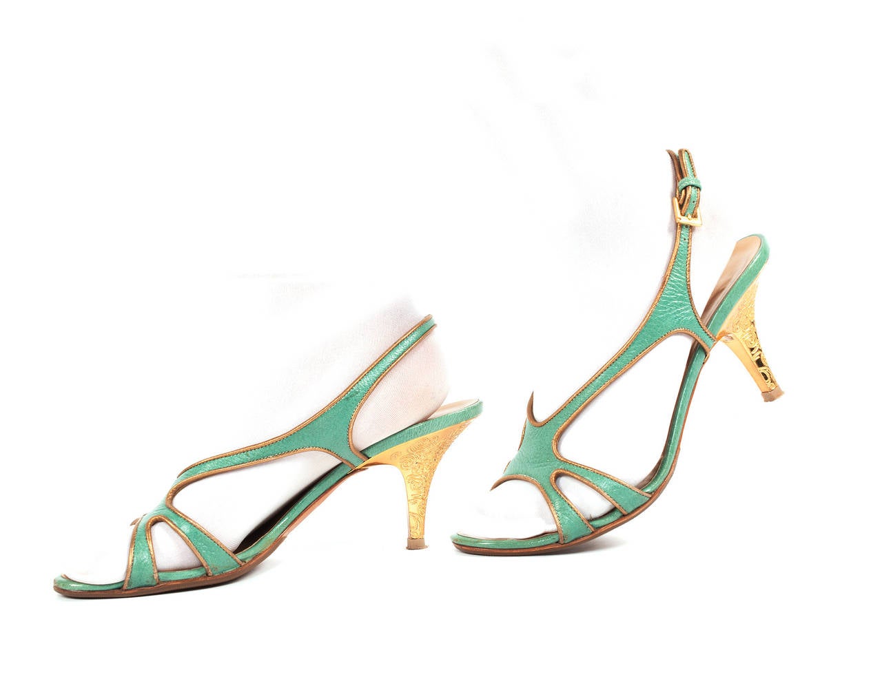 Brown Escada Celadon green sling back heels with gold interior, Sz. 8.5 For Sale