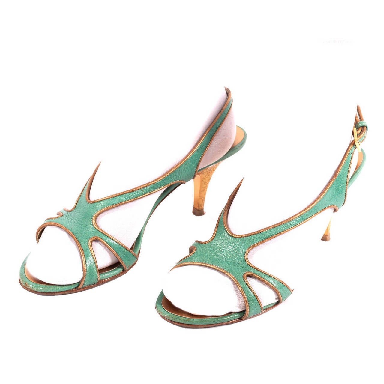 Escada Celadon green sling back heels with gold interior, baroque style kitten heel. Heels are open toe, with multiple straps in front, fully lined in gold leather, carved baroque style kitten heel.