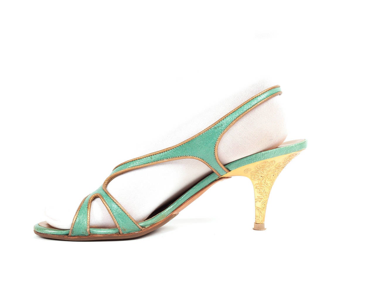 Women's Escada Celadon green sling back heels with gold interior, Sz. 8.5 For Sale