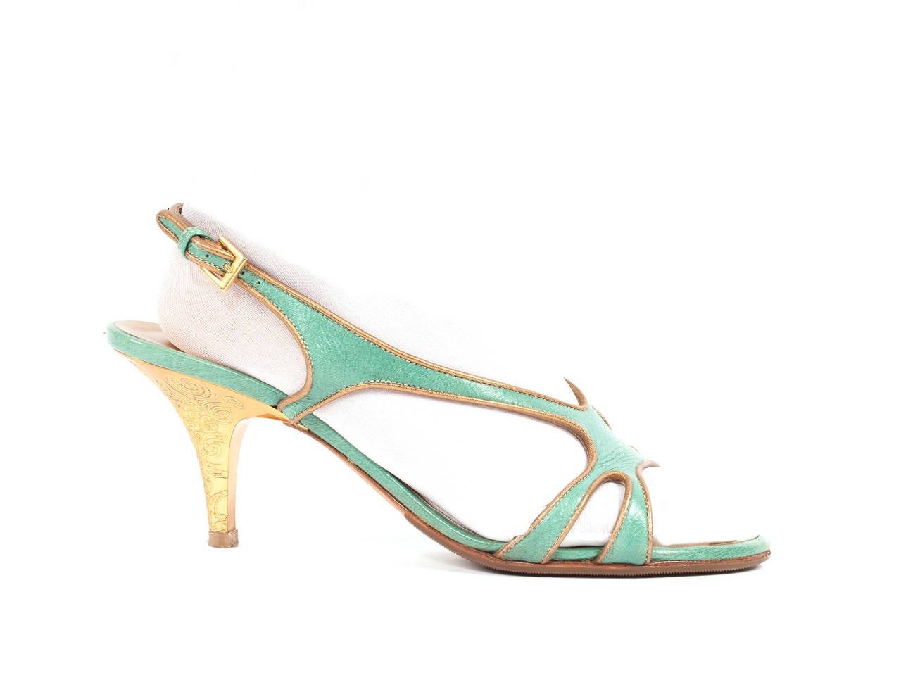 Escada Celadon green sling back heels with gold interior, Sz. 8.5 For Sale 1