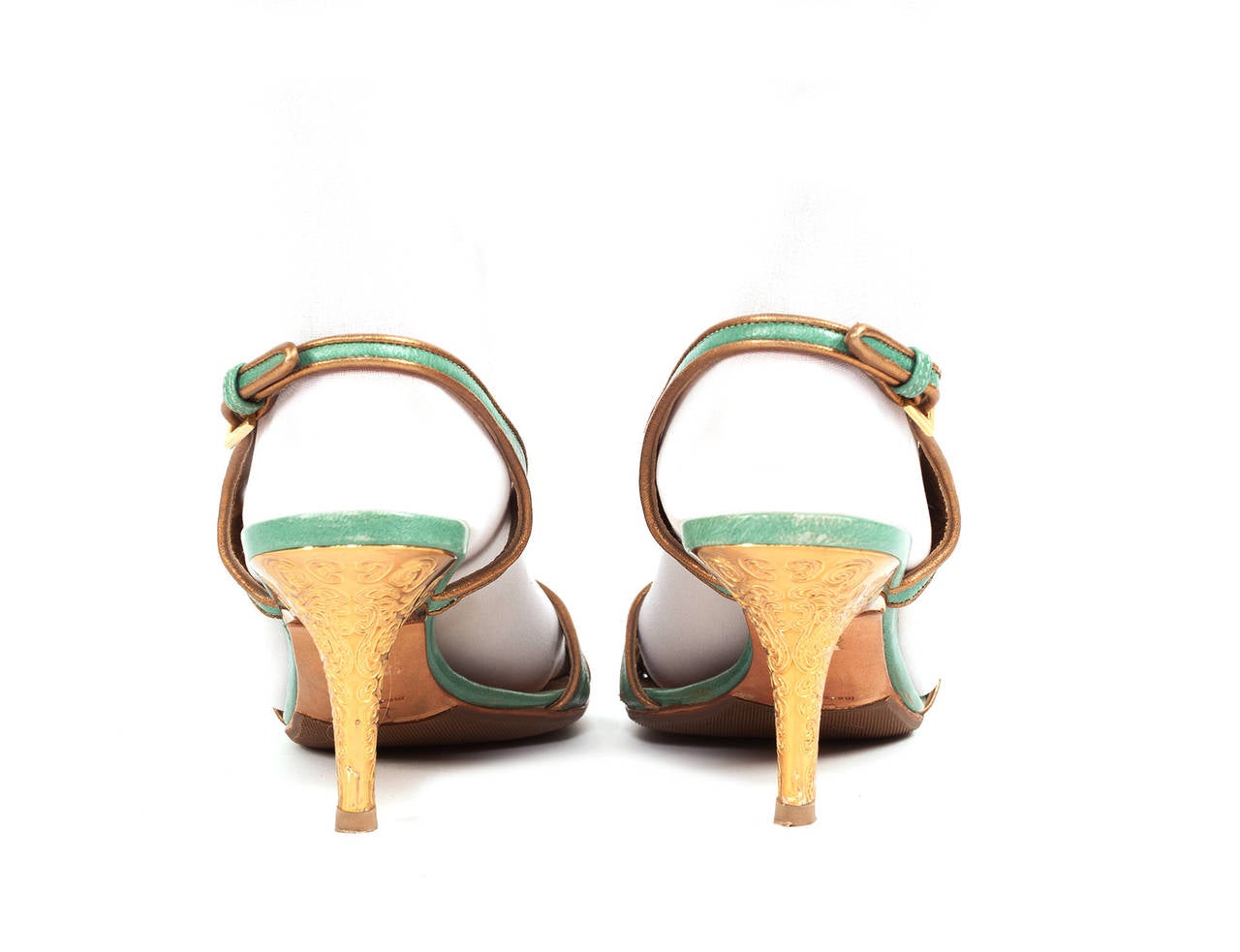 Escada Celadon green sling back heels with gold interior, Sz. 8.5 For Sale 2