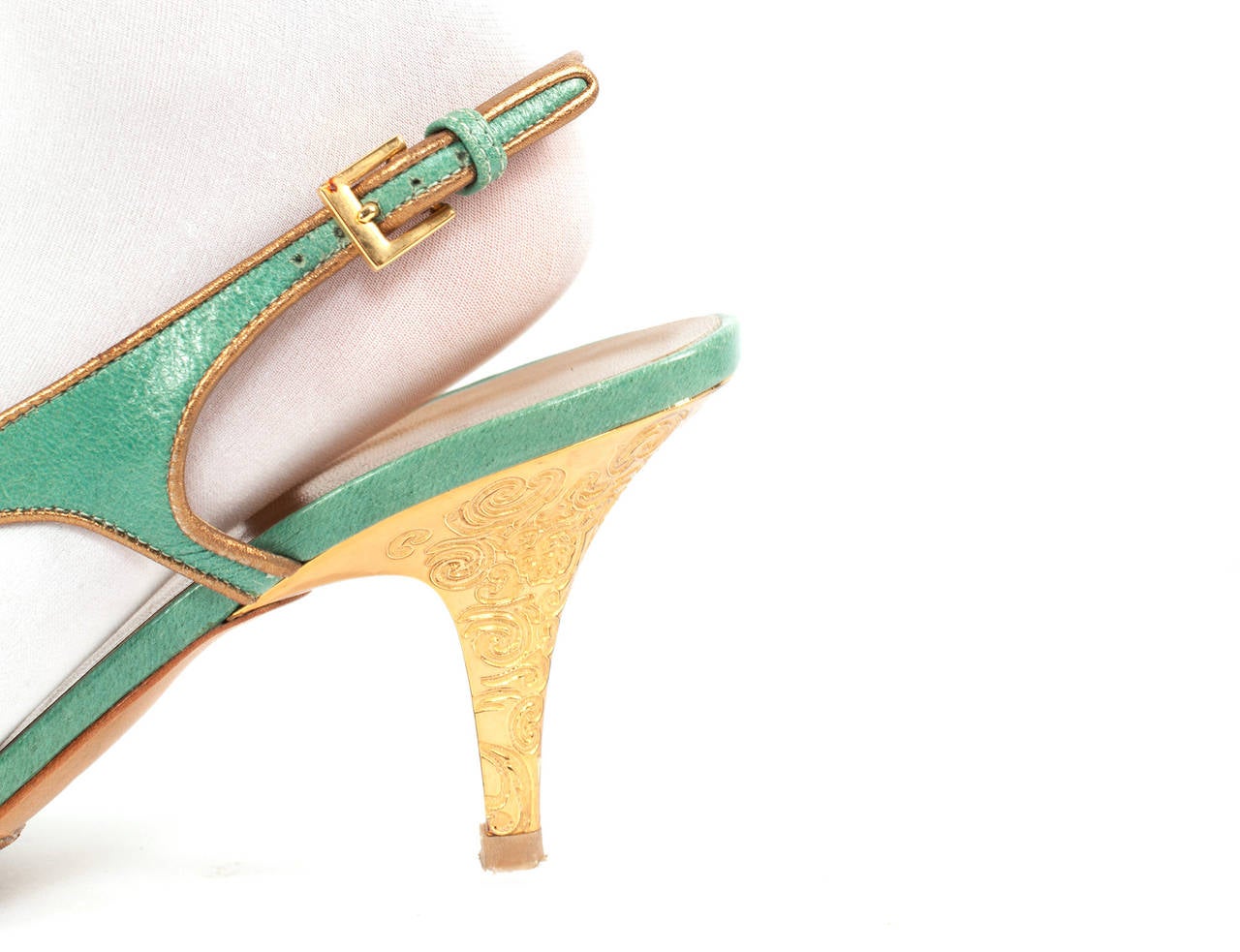 Escada Celadon green sling back heels with gold interior, Sz. 8.5 For Sale 3