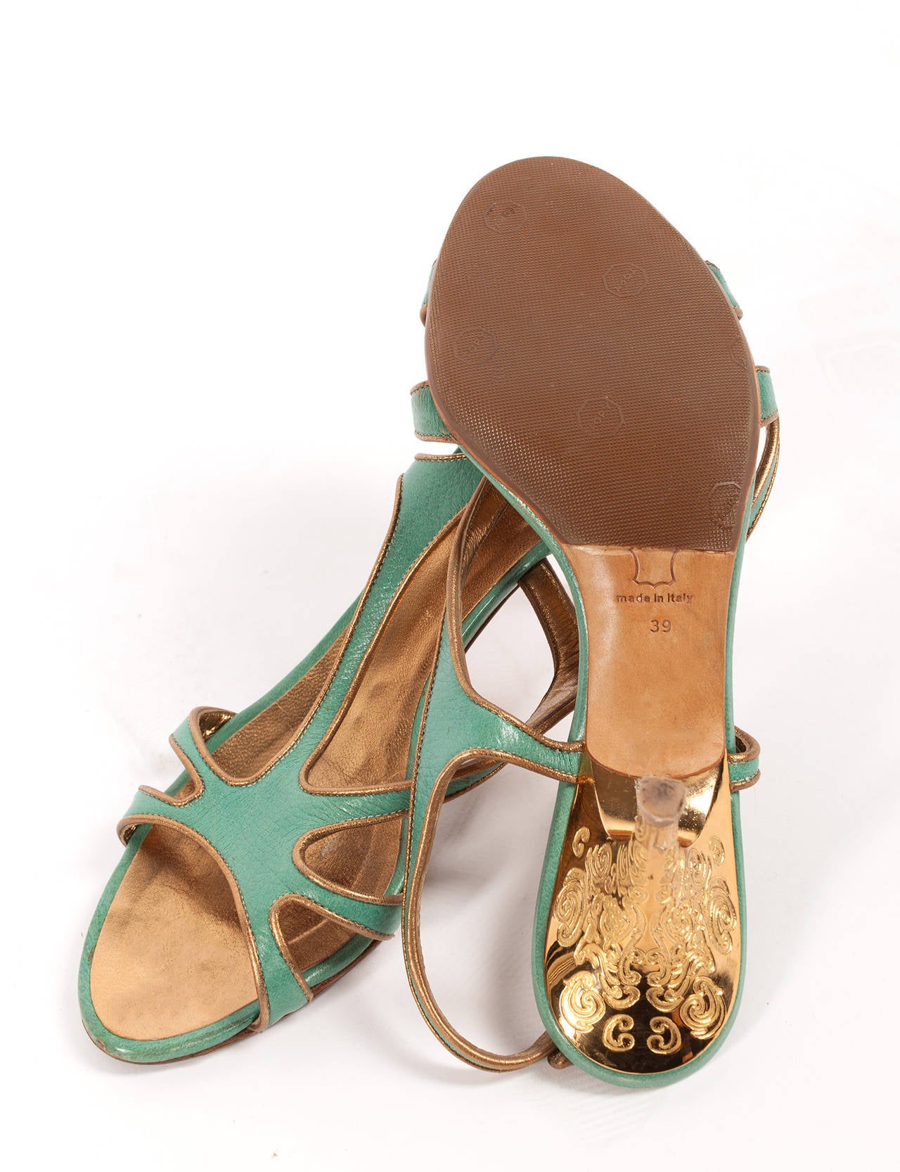 Escada Celadon green sling back heels with gold interior, Sz. 8.5 For Sale 5