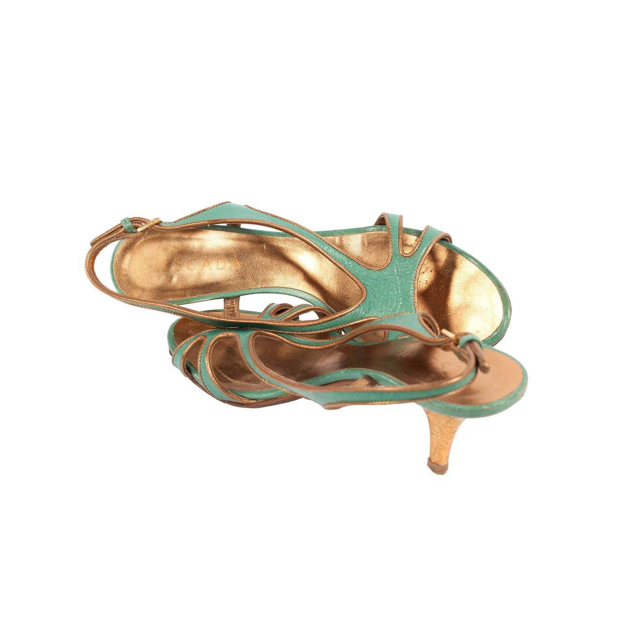 Escada Celadon green sling back heels with gold interior, Sz. 8.5 For Sale