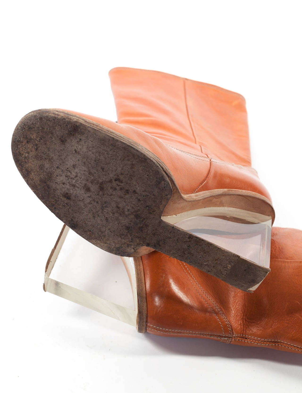 Martin Margiela Cognac Frye Leather Boots With Lucite Heel, Sz. 10.5 3