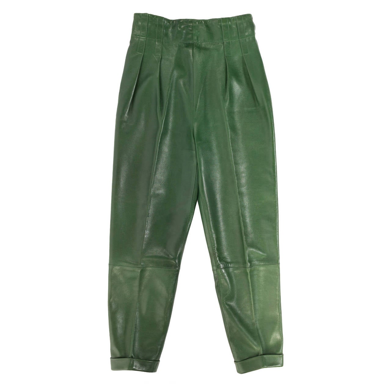 Azzendine Alaia green leather fitted trousers.