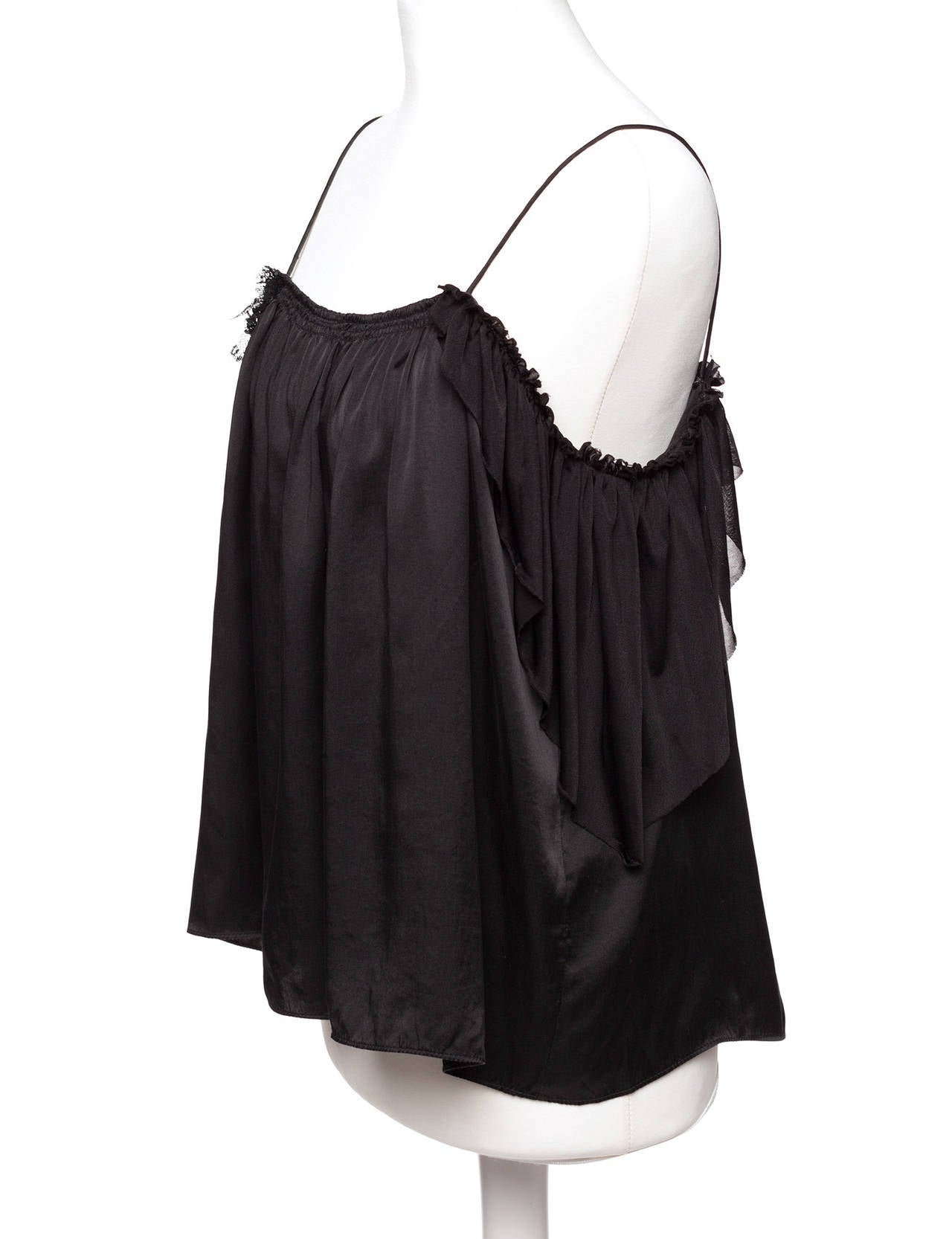 Balenciaga le Dix black silk camisole with lace flaps. Camisole in black silk with deconstructed underarm insets of lace and shredded silk, spaghetti straps, length of camisole is just to waist.