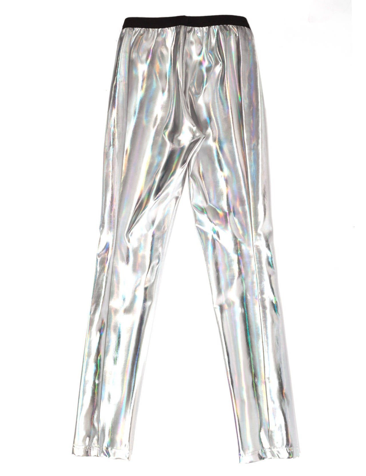 Hussein Chalayan Holographic leggings with a prism effect. Leggings have elastic waist and super narrow tight fit. From the master of illusion Hussein Chalayan. A rare piece of Vintage. Sold out everywhere. 
French size 40, German 36, US 8.