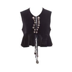 Vintage Helmut Lang Black velvet bolero vest w. metal beads and medallion details, Sz 6