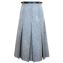 Vintage Celine 1970's pleated skirt in navy blue cotton-linen melange.