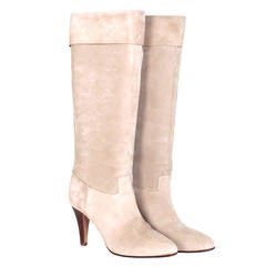 Chloe knee high boots in eggshell suede with fold flap
