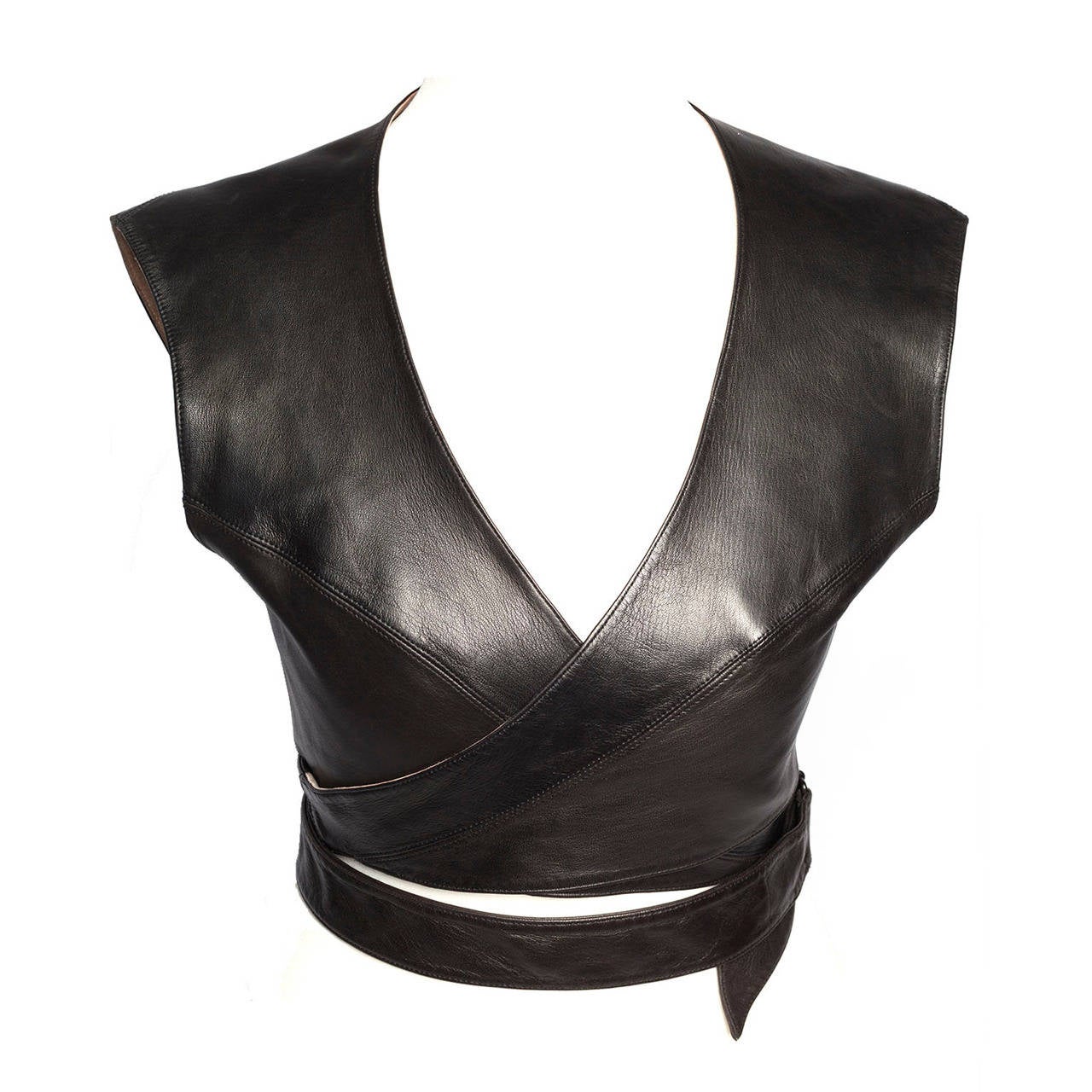 90's Azzendine Alaia Paris Black Leather vest with criss cross straps