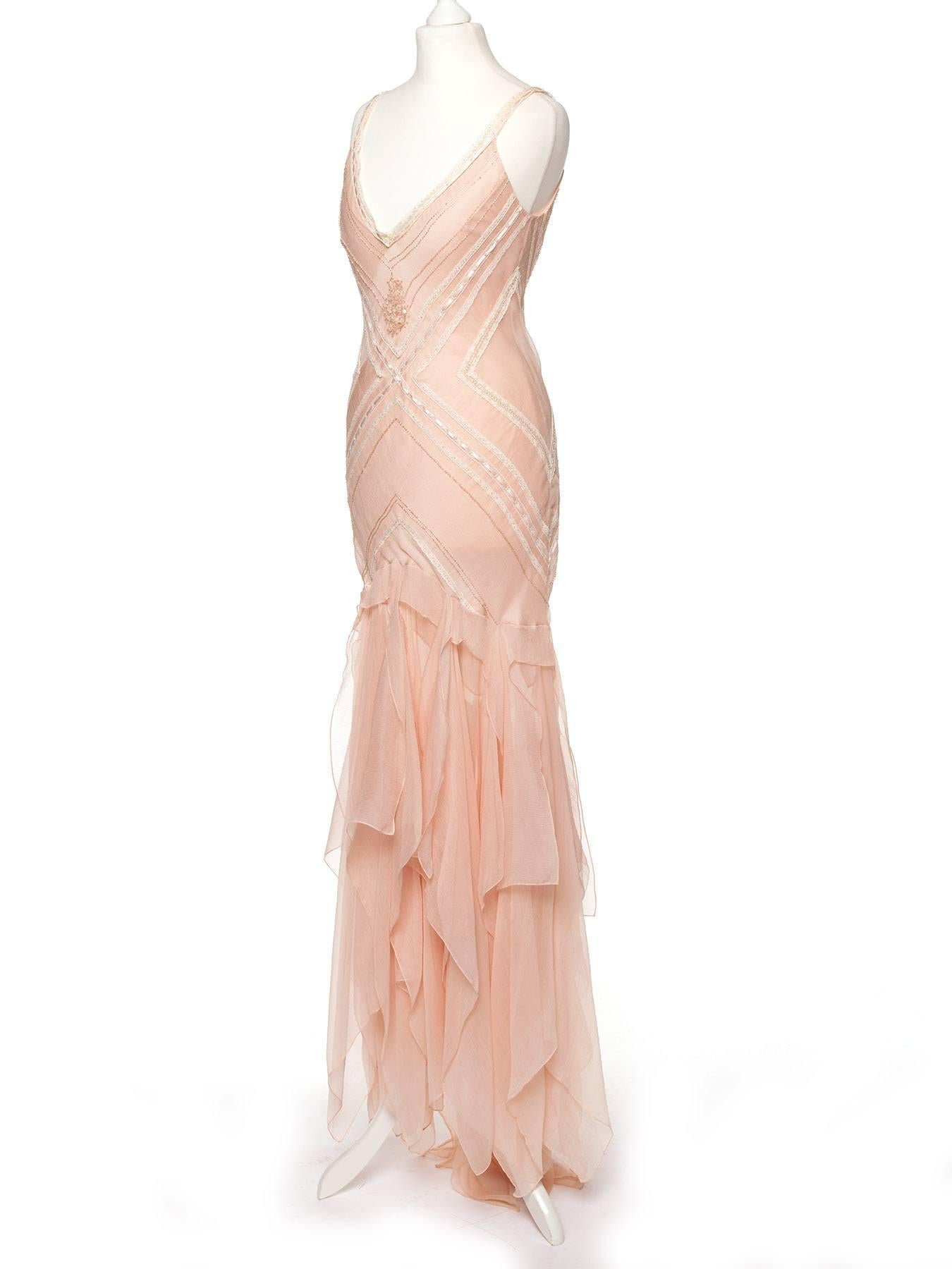 Beige Jenny Packham vintage rosé silk evening gown,  Sz XS