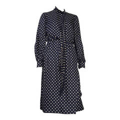 Geoffrey Beene 60s silk navy polka dot dress with fringe scarf size 6.