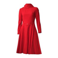 Retro Geoffrey Beene 60s red wool scarf collar dress with pockets size 6.