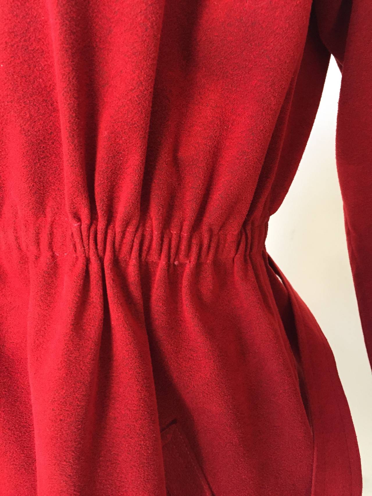 Halston Red Ultra Suede Coat Dress with Pockets and Belt  In Good Condition For Sale In Atlanta, GA