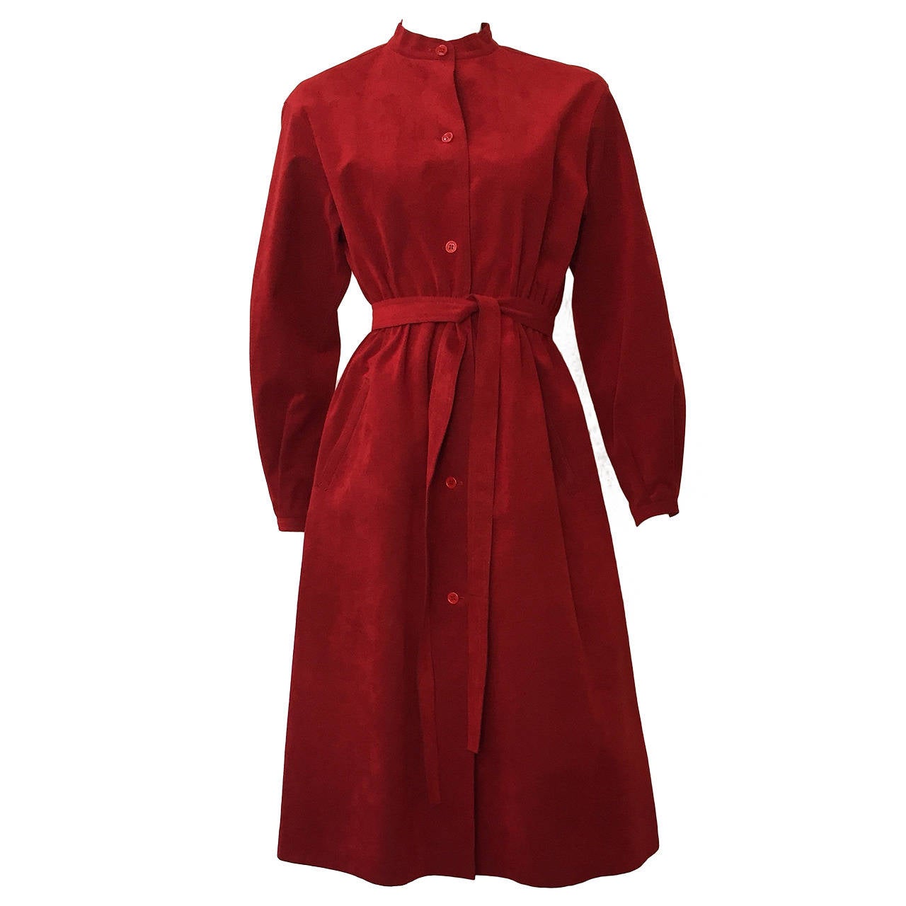 Halston Red Ultra Suede Coat Dress with Pockets and Belt For Sale at ...