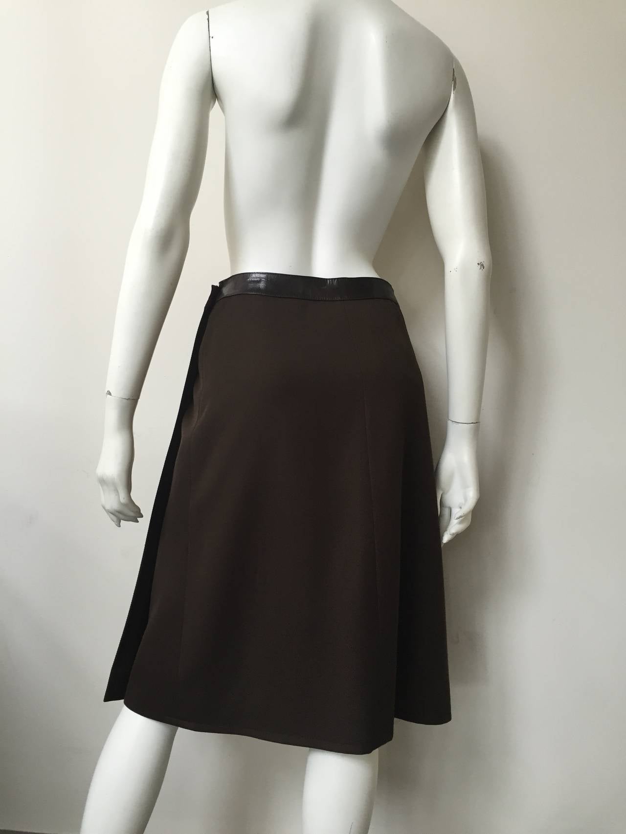 Black Celine Brown Wool with Leather Trim Wrap Skirt Size 6. For Sale