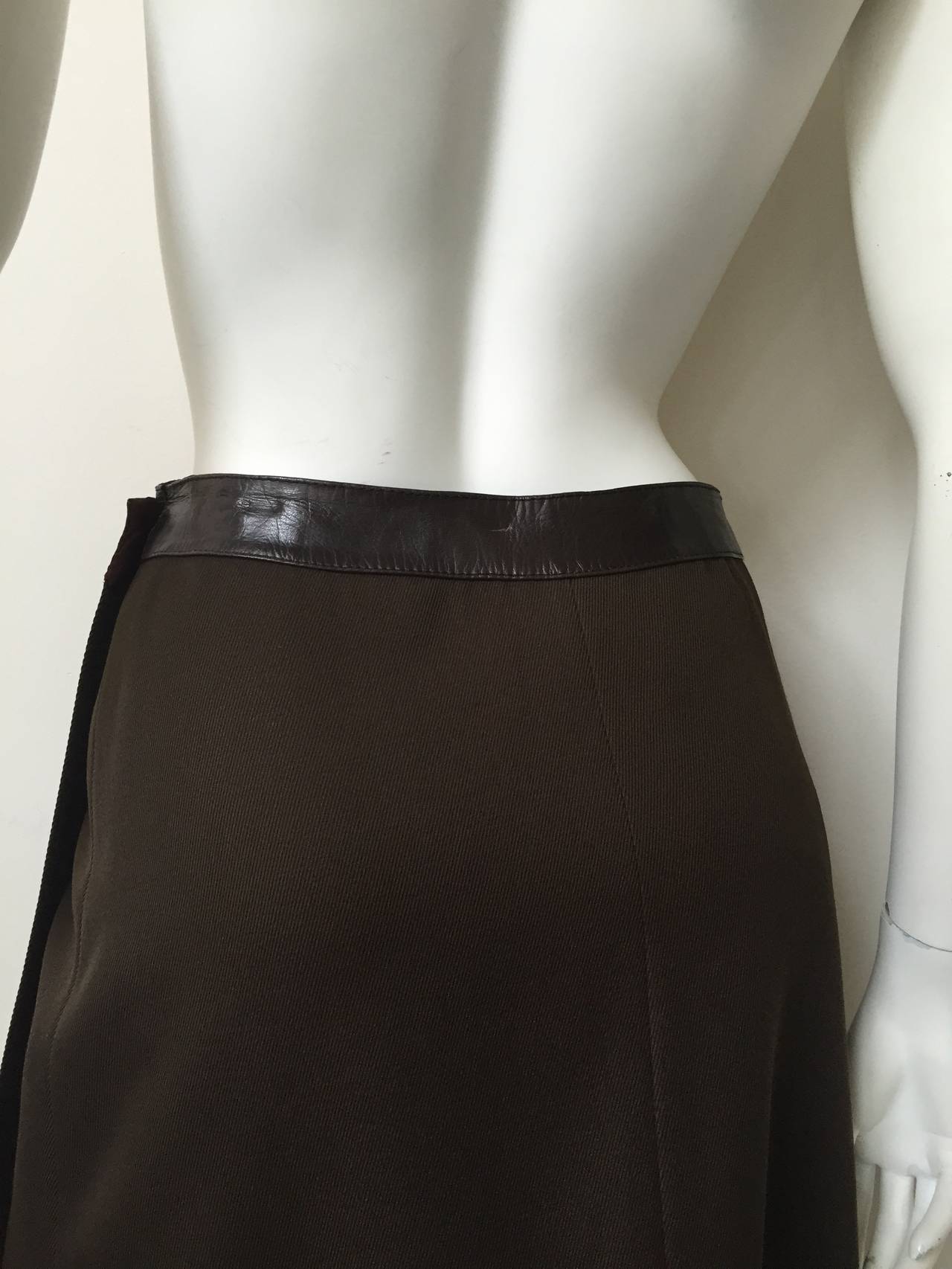 Celine Brown Wool with Leather Trim Wrap Skirt Size 6. In Good Condition For Sale In Atlanta, GA