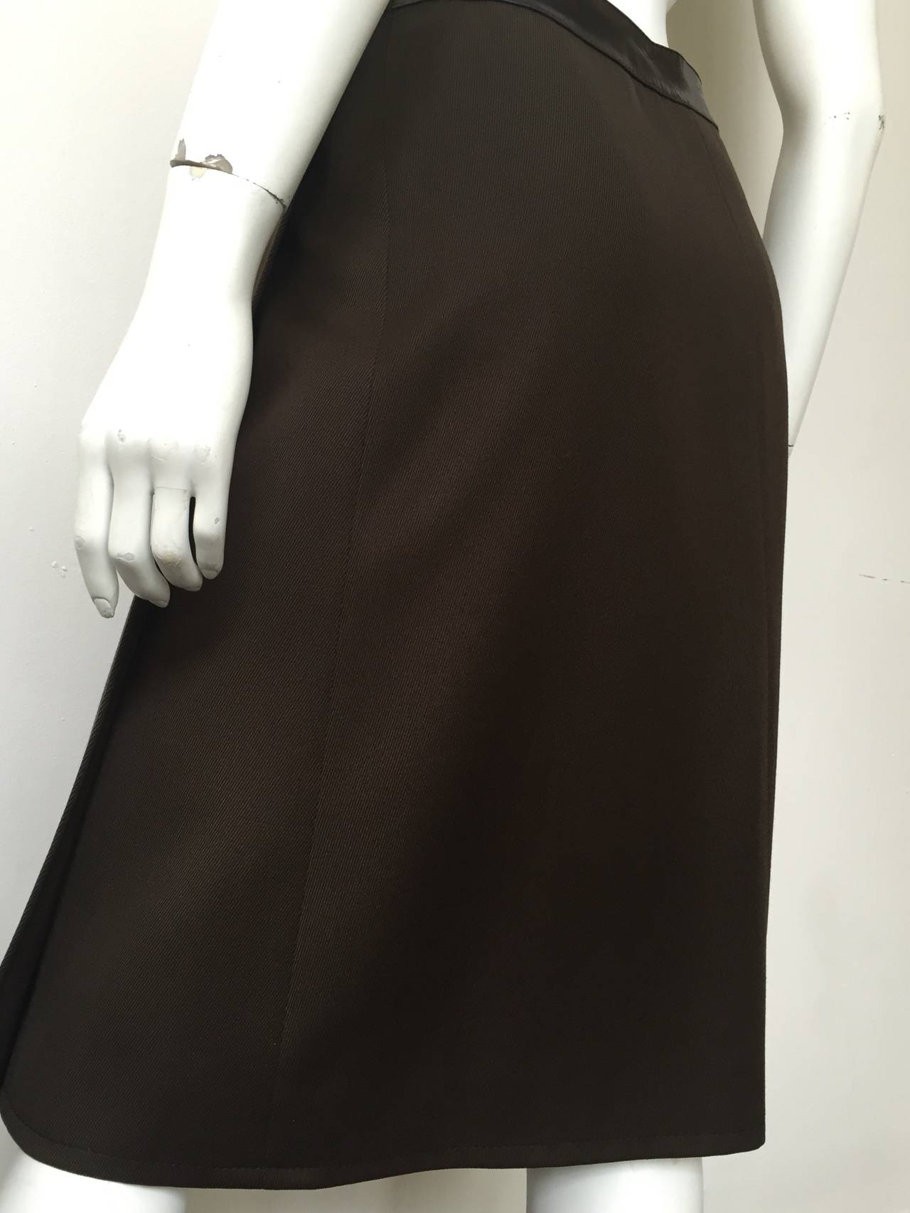 Women's Celine Brown Wool with Leather Trim Wrap Skirt Size 6. For Sale