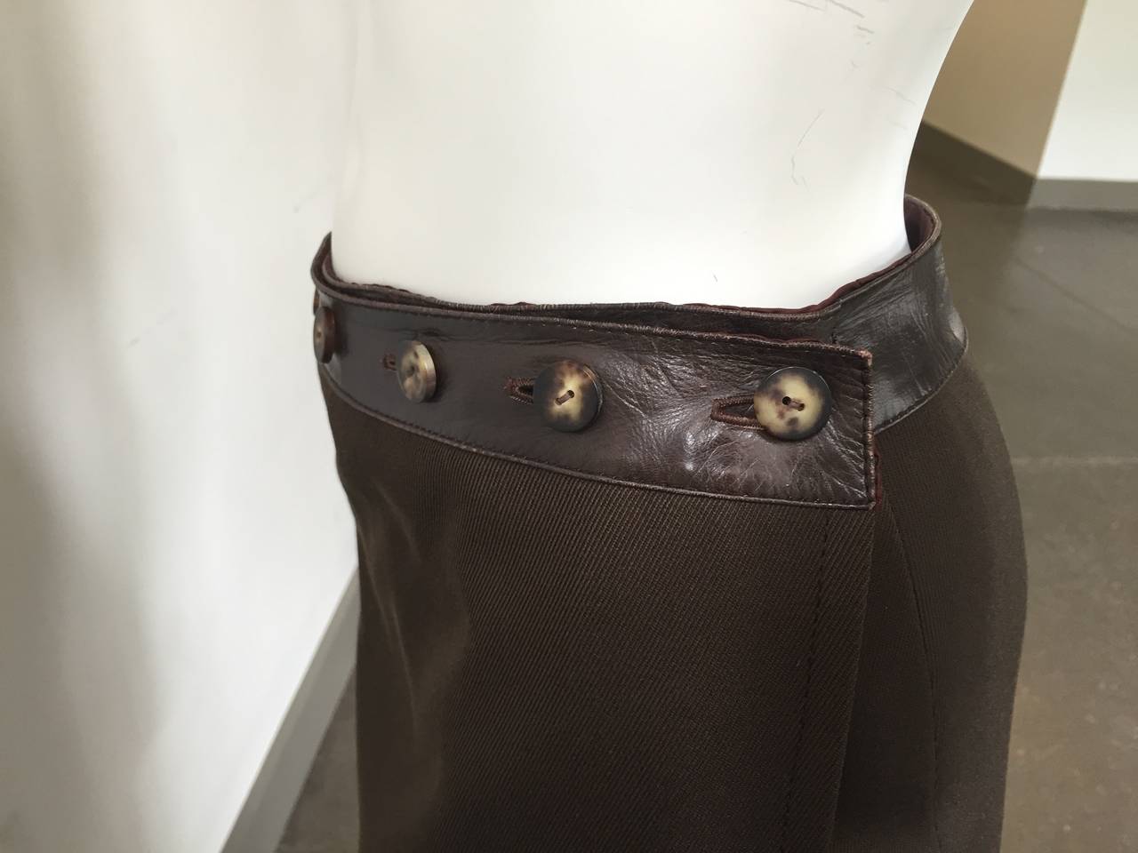 Celine Brown Wool with Leather Trim Wrap Skirt Size 6. For Sale 1