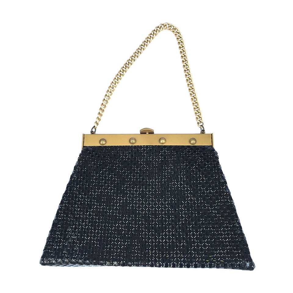 Whiting & Davis 70s black A-line mesh handbag. For Sale