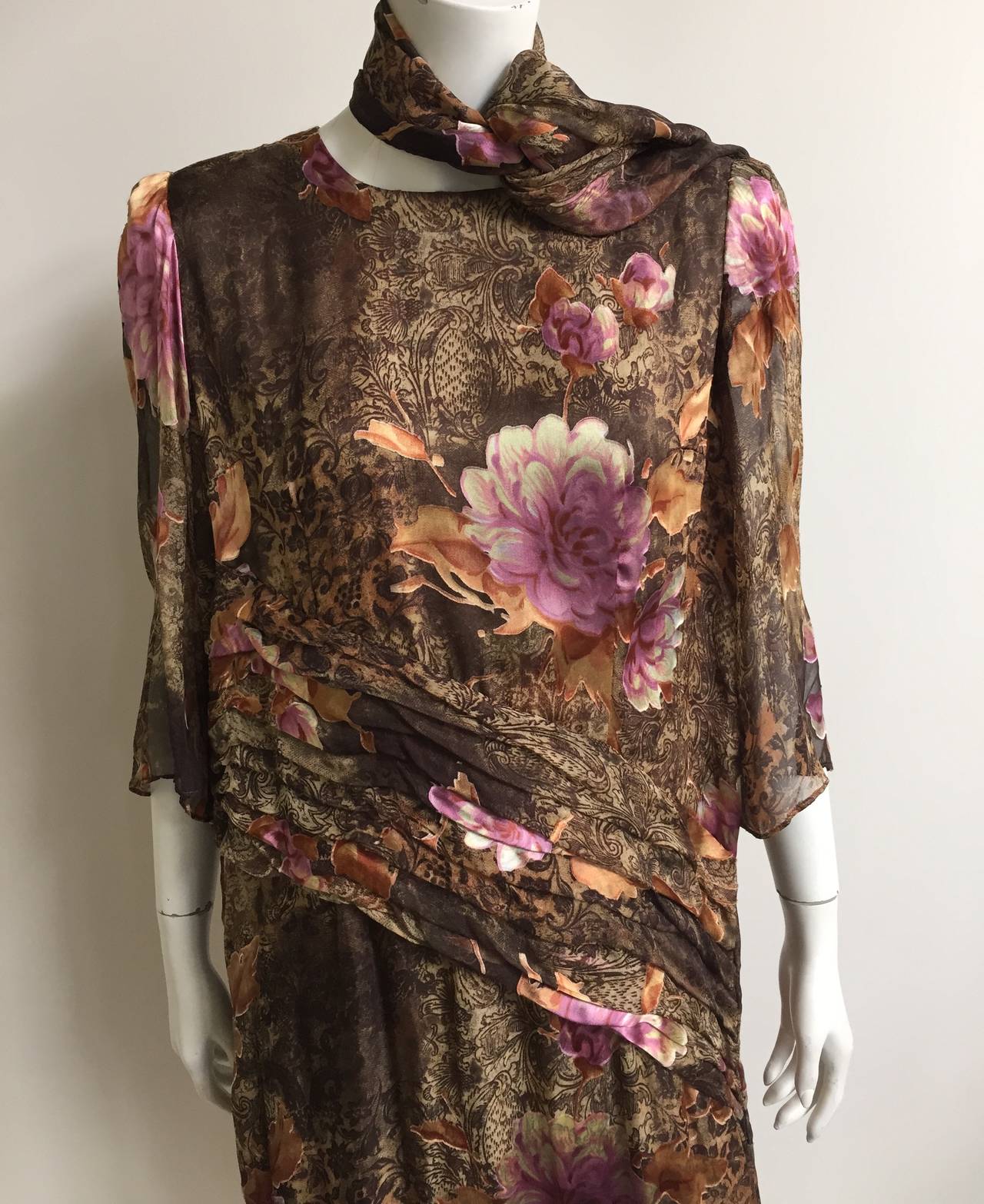 Brown Pierre Cardin 70s silk dress with scarf size large.