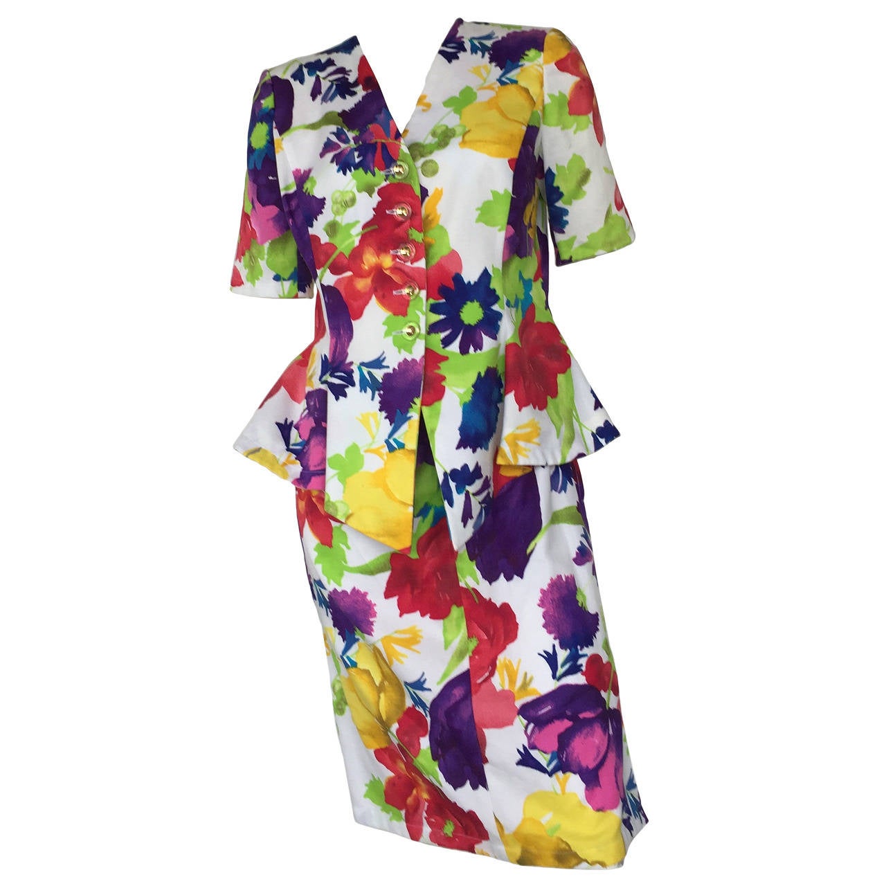 Ungaro Floral Cotton Skirt Suit Size 8. For Sale