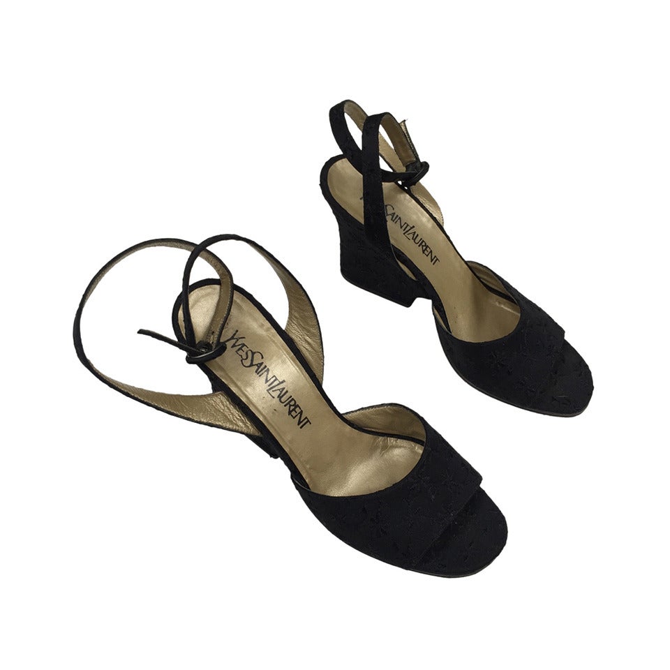 Yves Saint Laurent 1980s Black Ankle Strap Shoes Size 7.5 M. For Sale