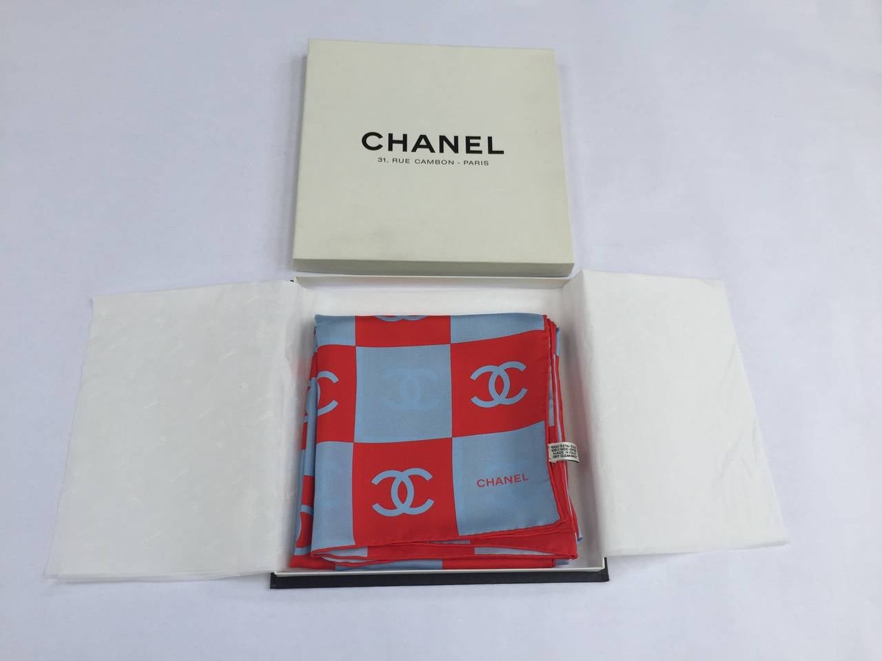 Blue Chanel 90s silk logo scarf never worn. For Sale