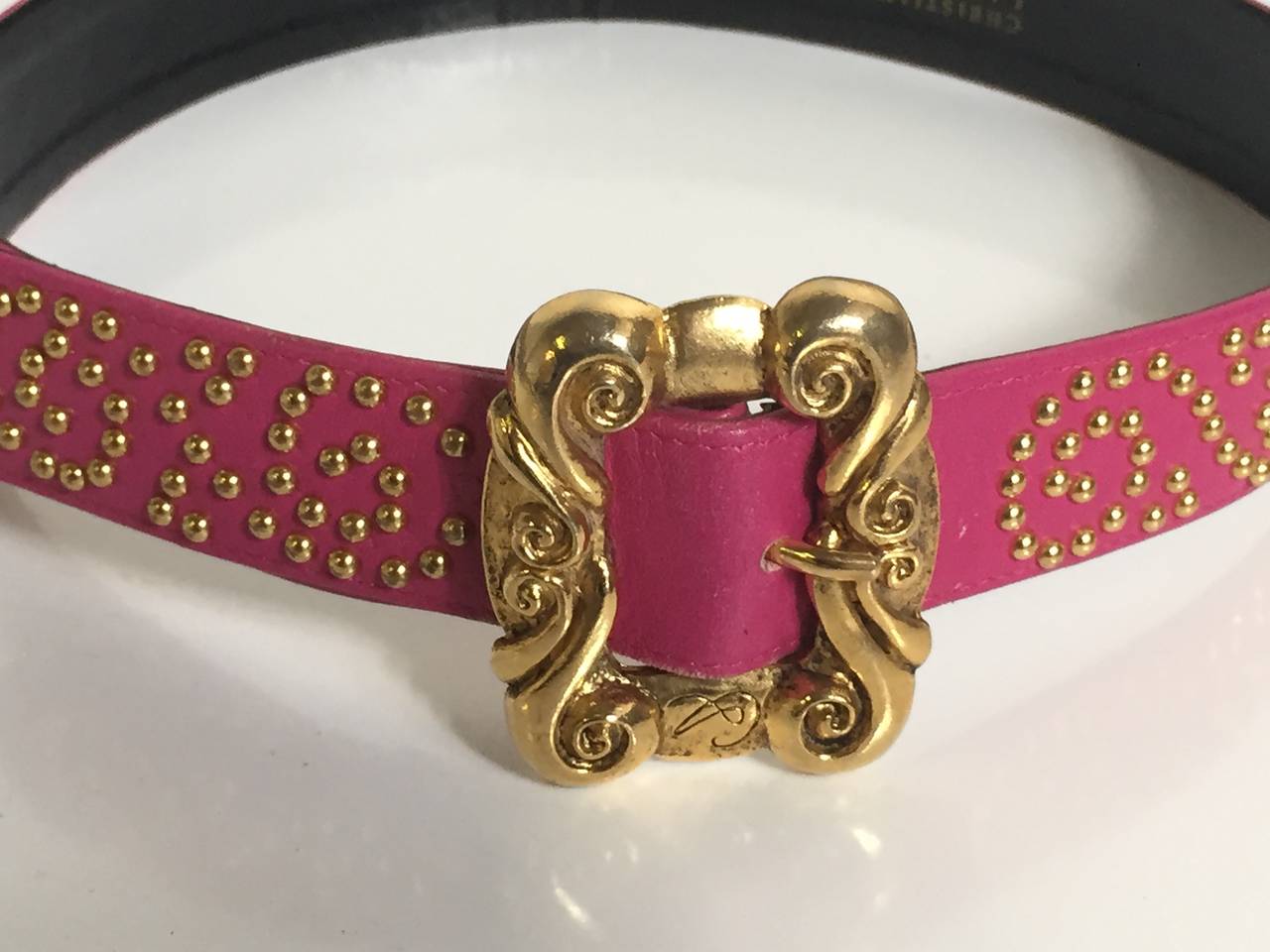 Christian Lacroix 1980s pink leather gold studded belt made in France size small. The belt is 32