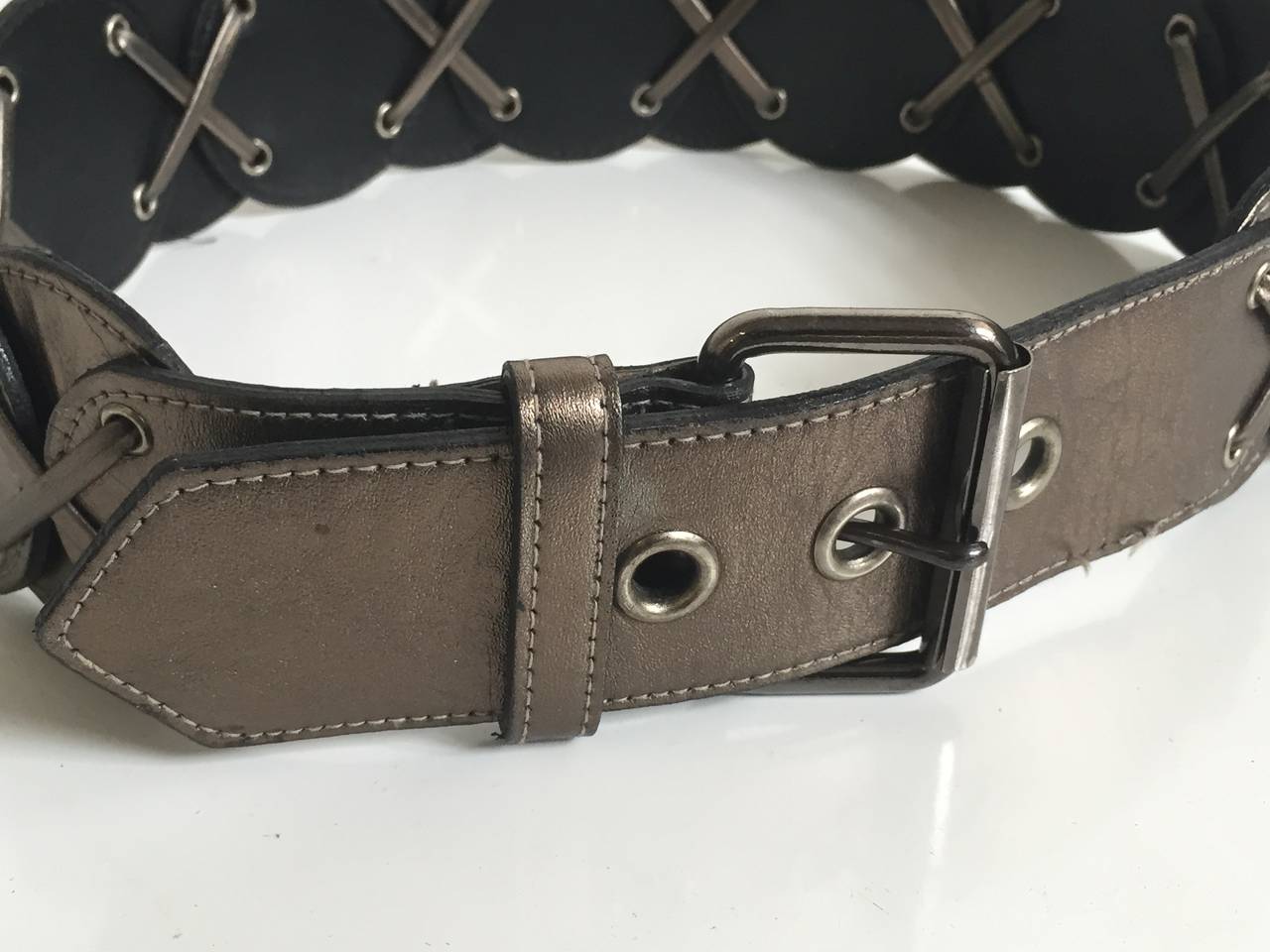 Black Yves Saint Laurent metallic leather belt, 1980s For Sale