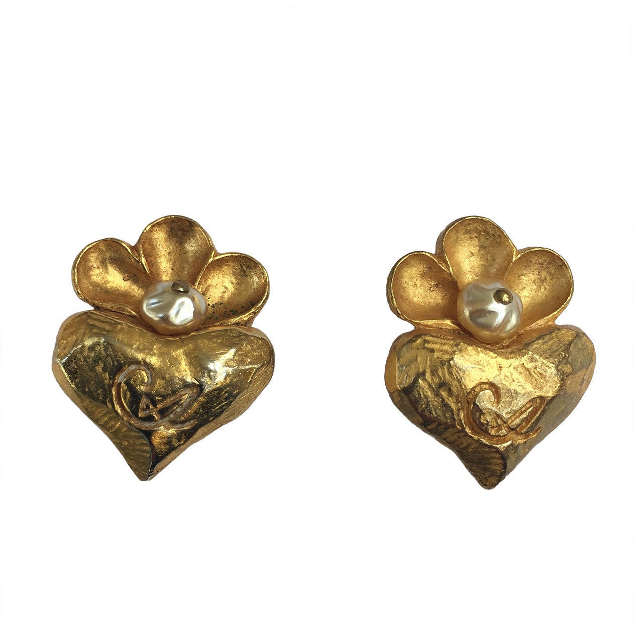 Christian Lacroix Gold Heart Clip Earrings. For Sale