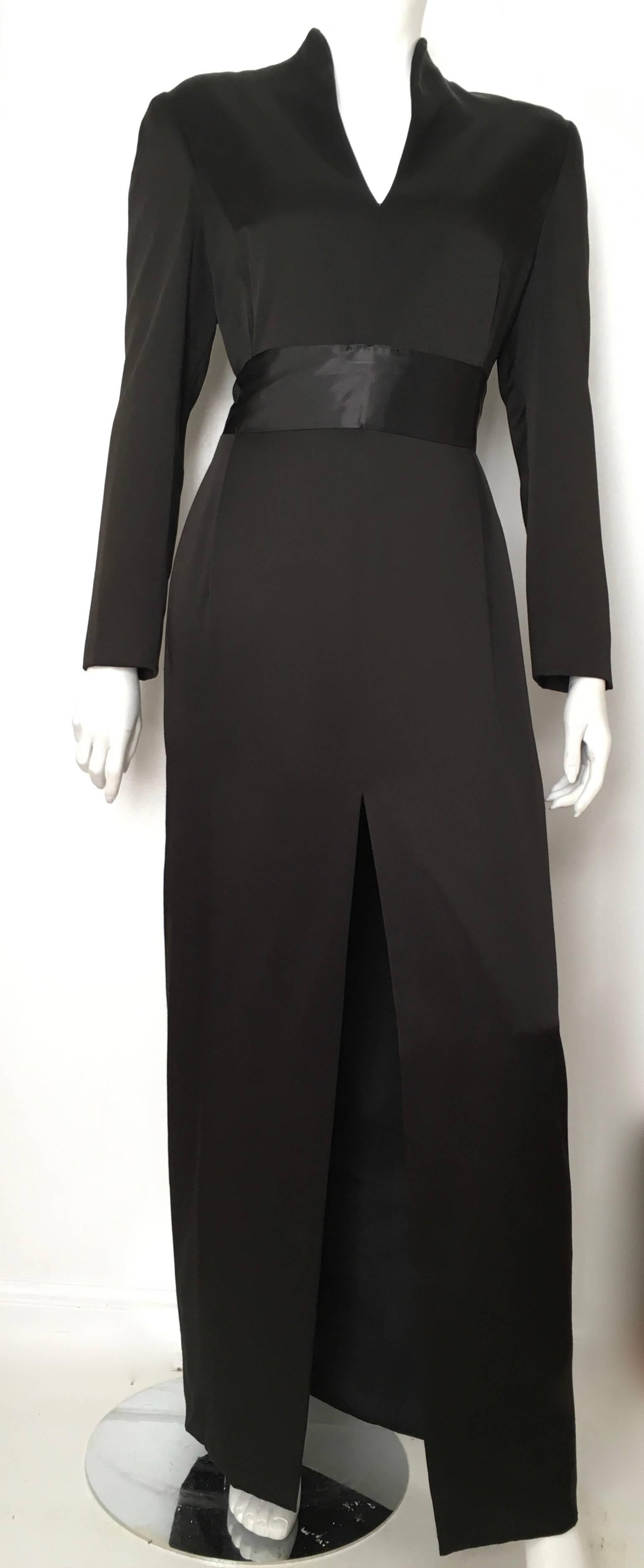 Genny black kimono style silk long gown will fit an USA size 10 / 12. Ladies please grab your tape measure and properly measure your bust, waist, hips, sleeves & length to make certain this jaw dropping gown will fit your lovely body.  This gown was