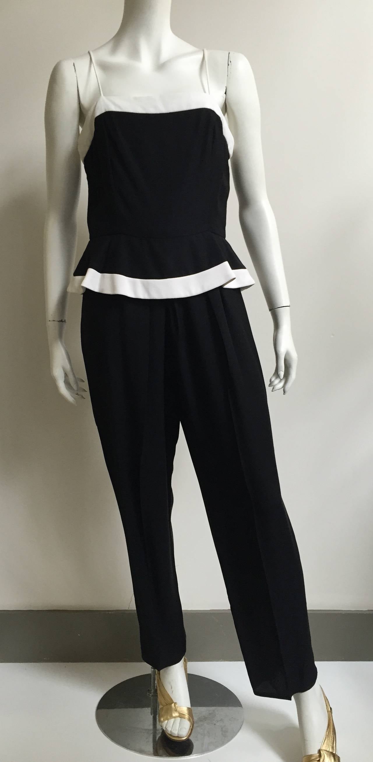 Raul Blanco for Saks 1980s Black and White Peplum Jumpsuit Size 8. For Sale 2