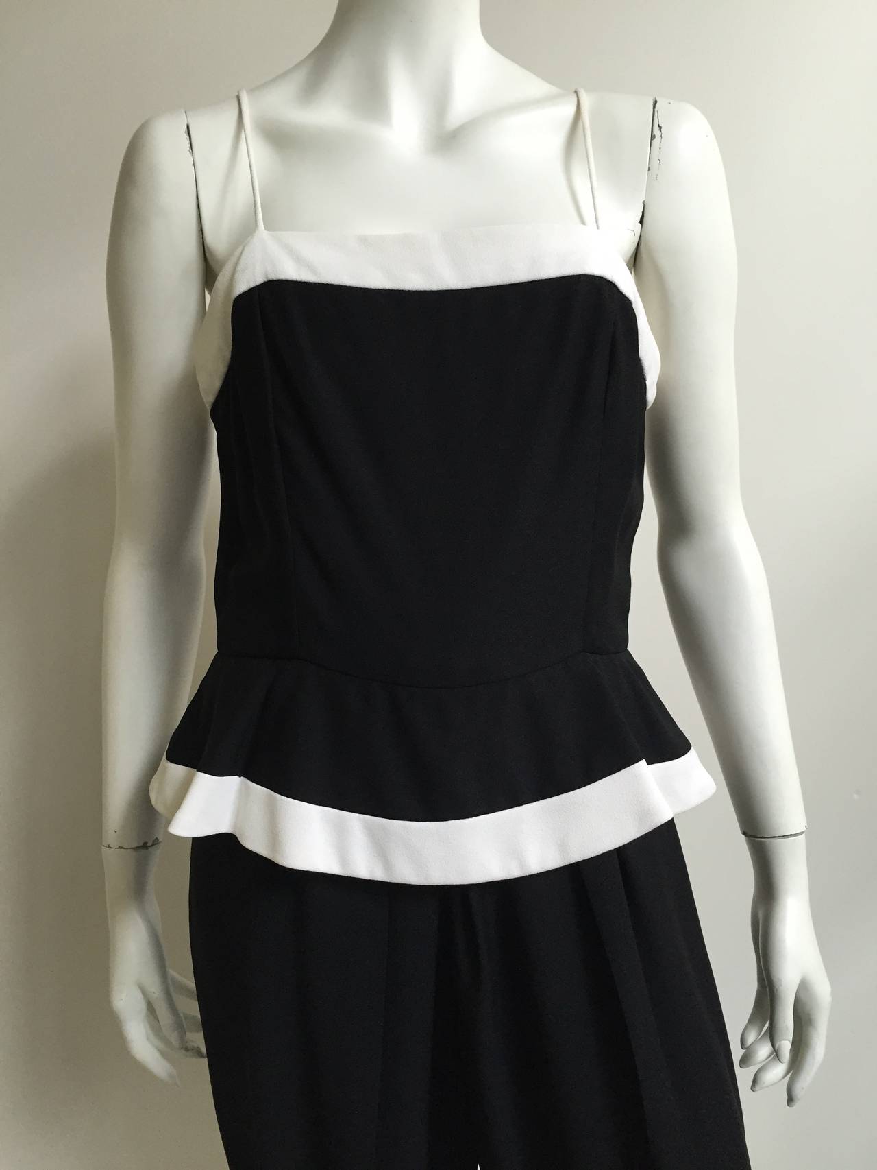 Raul Blanco Petites for Saks Fifth Avenue 1980s black / white peplum jumpsuit. Original size is 12 but fits like a modern size 8 (please see & use measurements). Ladies please use your measuring tape to properly measure your lovely body so you know