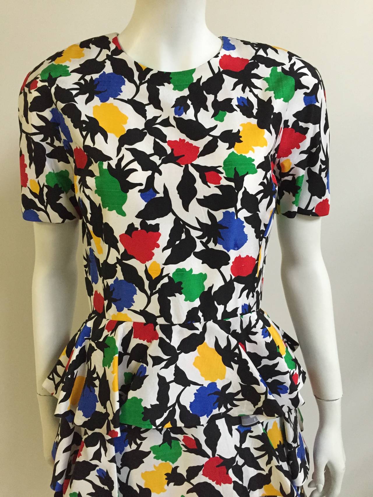 Arnold Scaasi 1980s silk flower pattern layered dress made in USA and size 6. Ladies please grab your tape measure so you can measure your bust, waist & hips to make certain this gem will fit your lovely body. Perfect timeless spring / summer dress