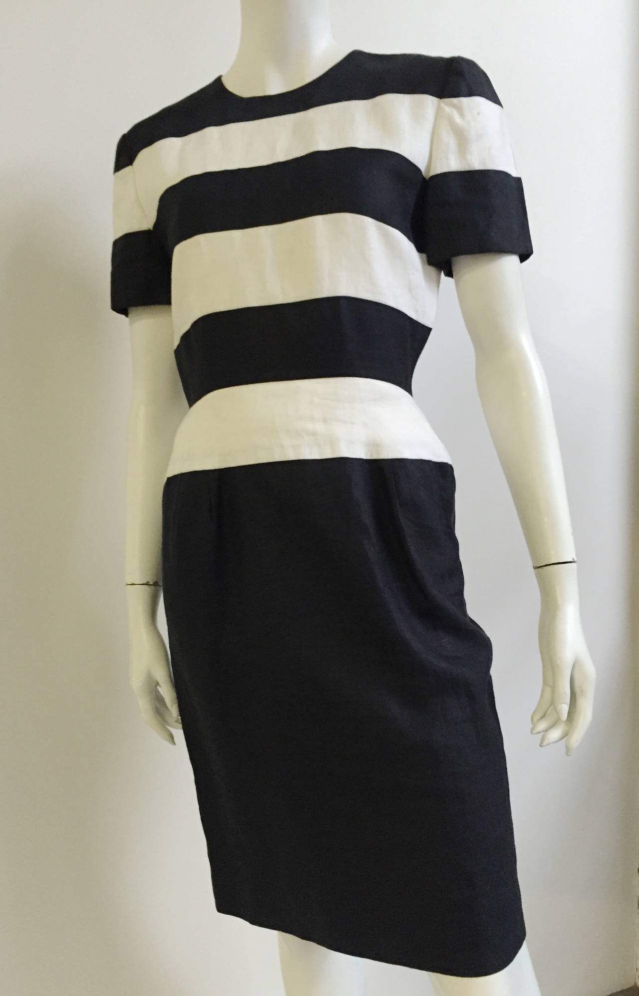 Women's Scaasi Navy and White Linen striped Sheath Dress  For Sale