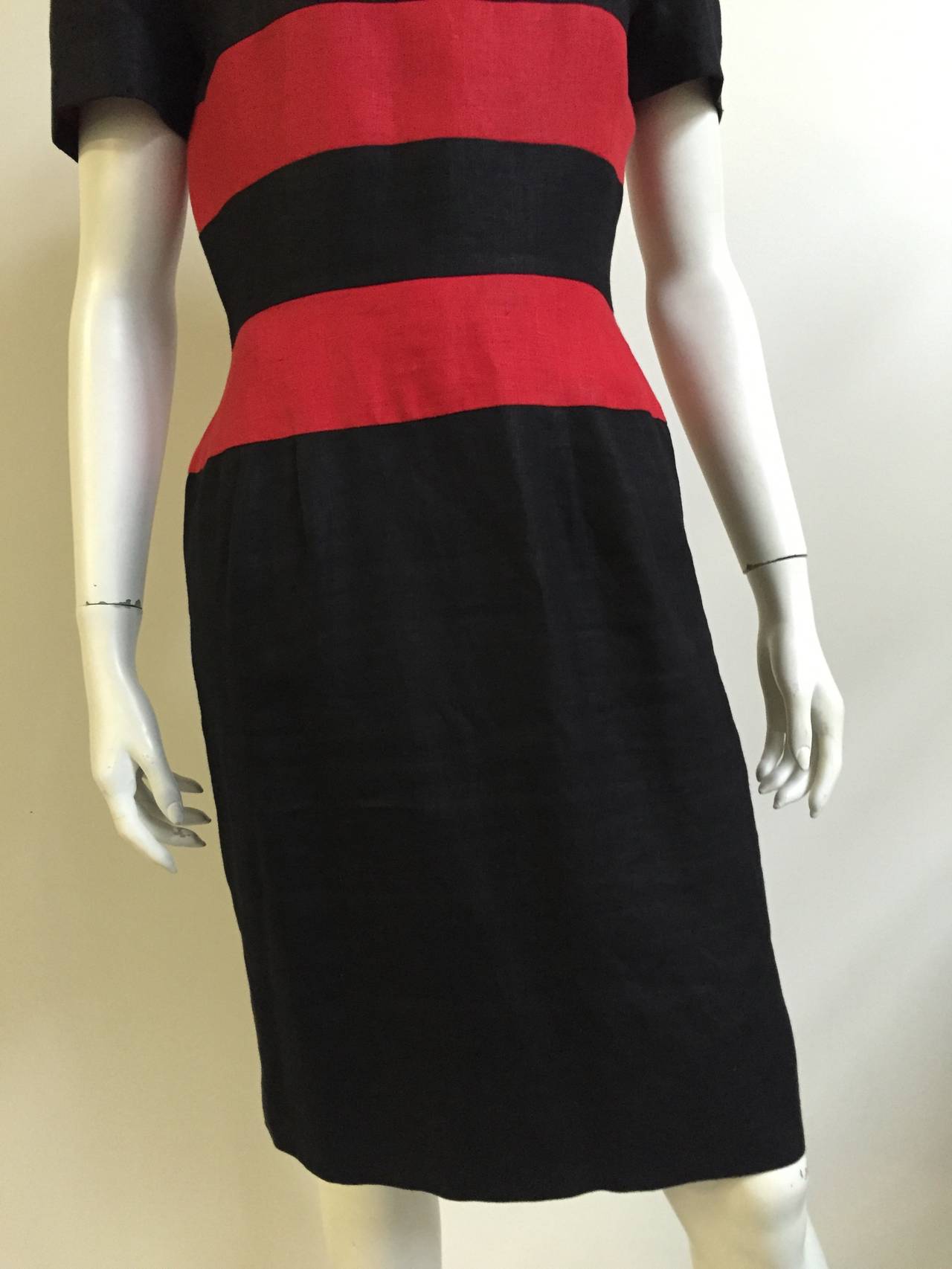 Women's Scaasi Black and Red Linen Striped Sheath Dress, Size 6  For Sale