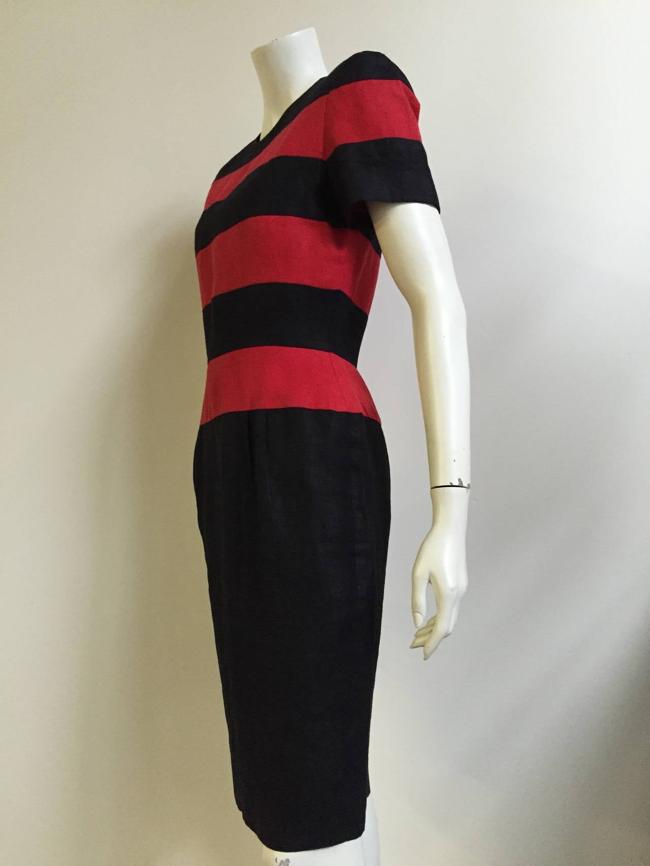 Scaasi Black and Red Linen Striped Sheath Dress, Size 6  For Sale 1