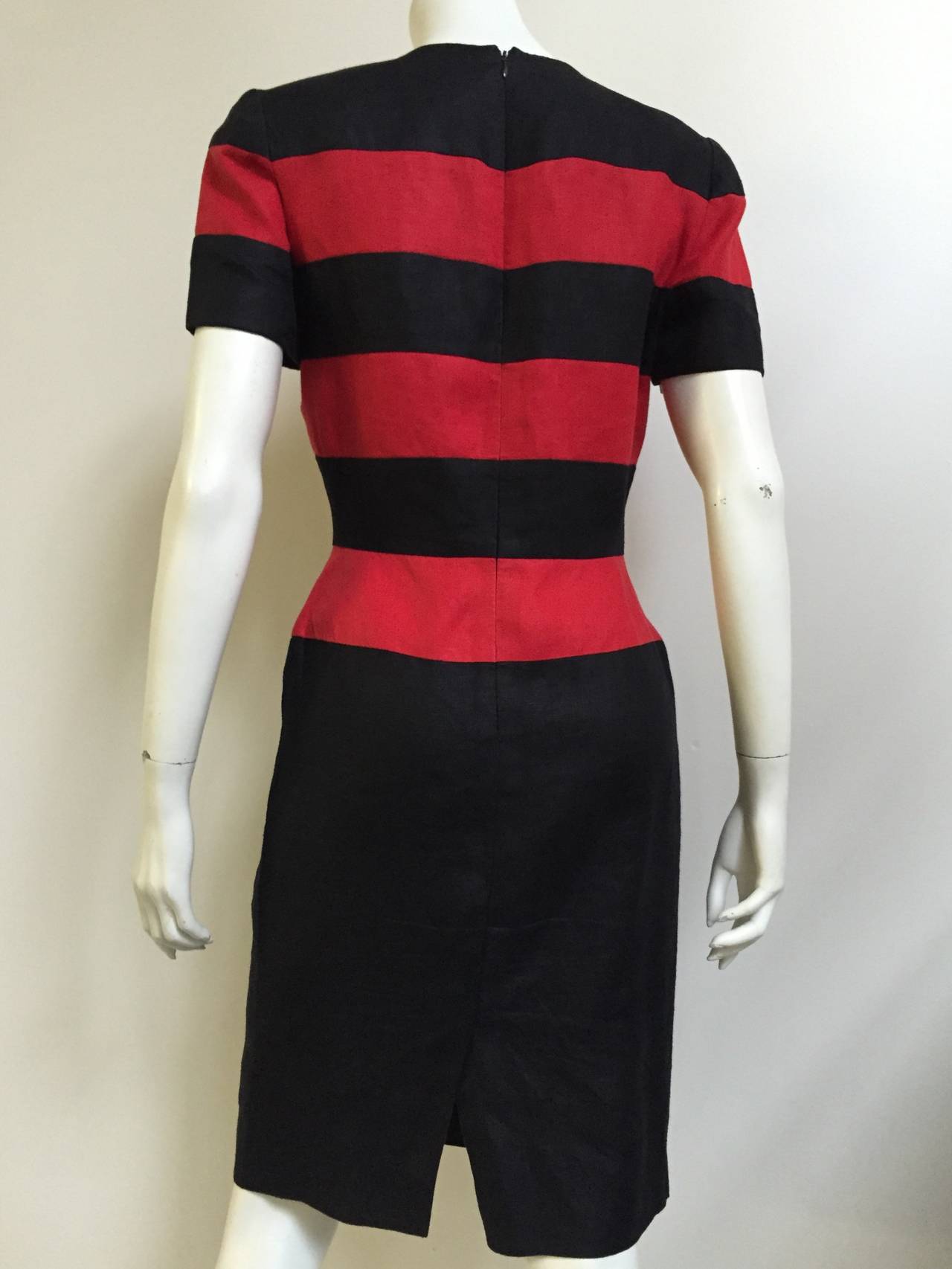 Scaasi Black and Red Linen Striped Sheath Dress, Size 6  For Sale 2