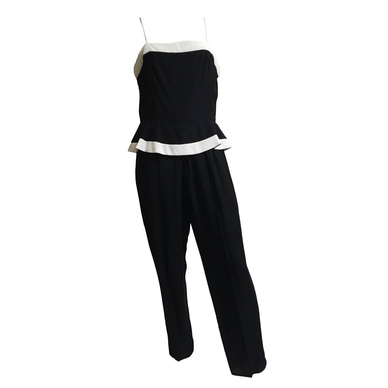 Raul Blanco for Saks 1980s Black and White Peplum Jumpsuit Size 8. For Sale