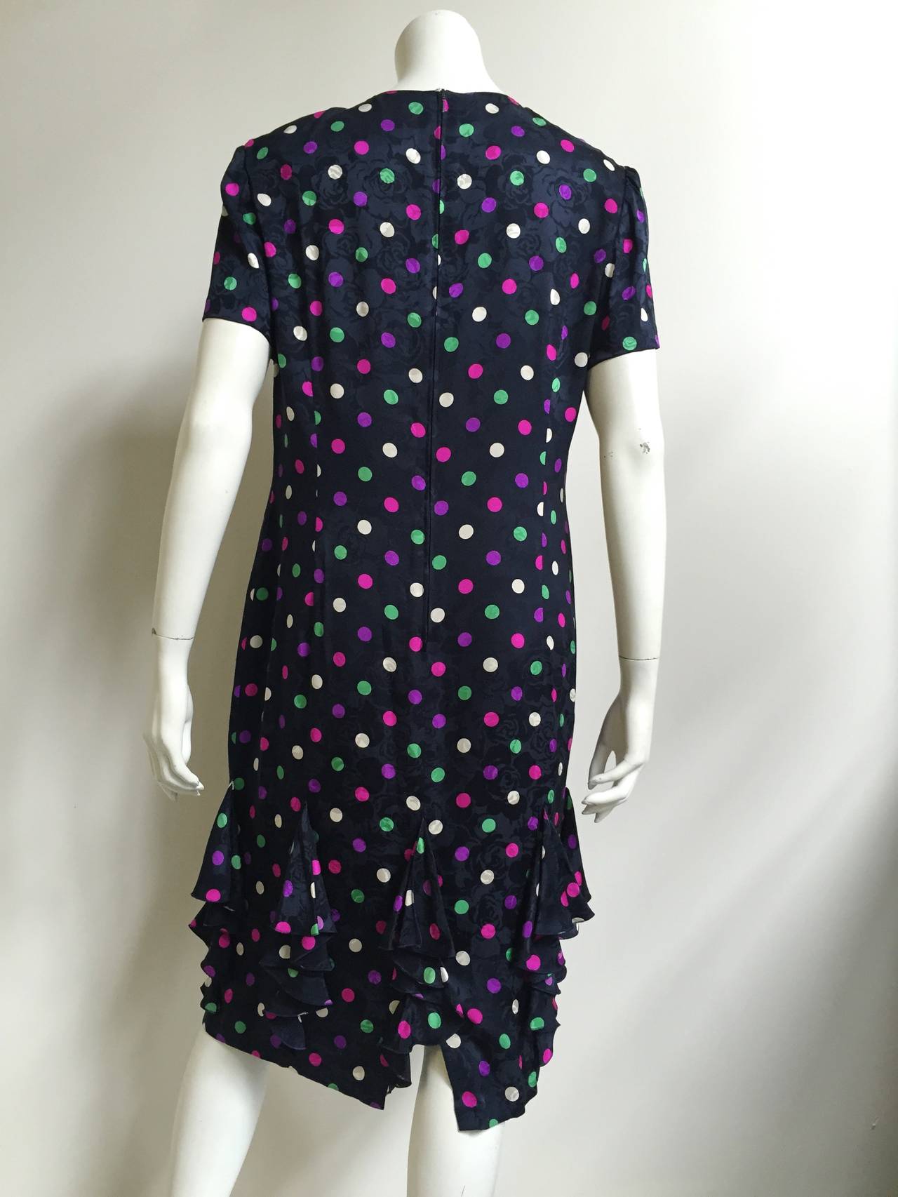Black Louis Feraud silk navy with polka dot dress size 10, 1980s For Sale