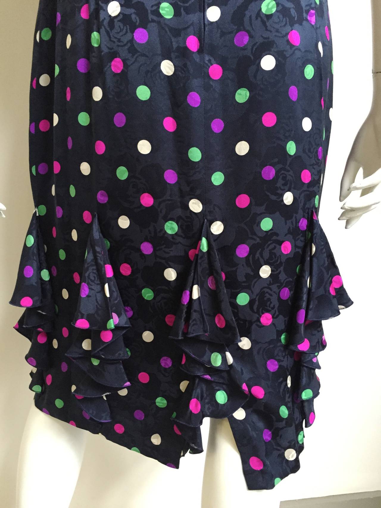 Louis Feraud silk navy with polka dot dress size 10, 1980s In Good Condition For Sale In Atlanta, GA